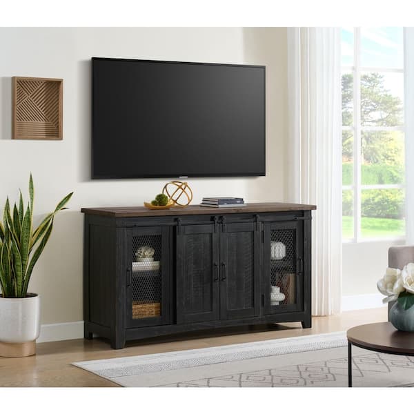 Rustic 65 in. Black with Brown Top Solid Wood TV Stand Fits TVs Up to 65 to 70 in. with Storage