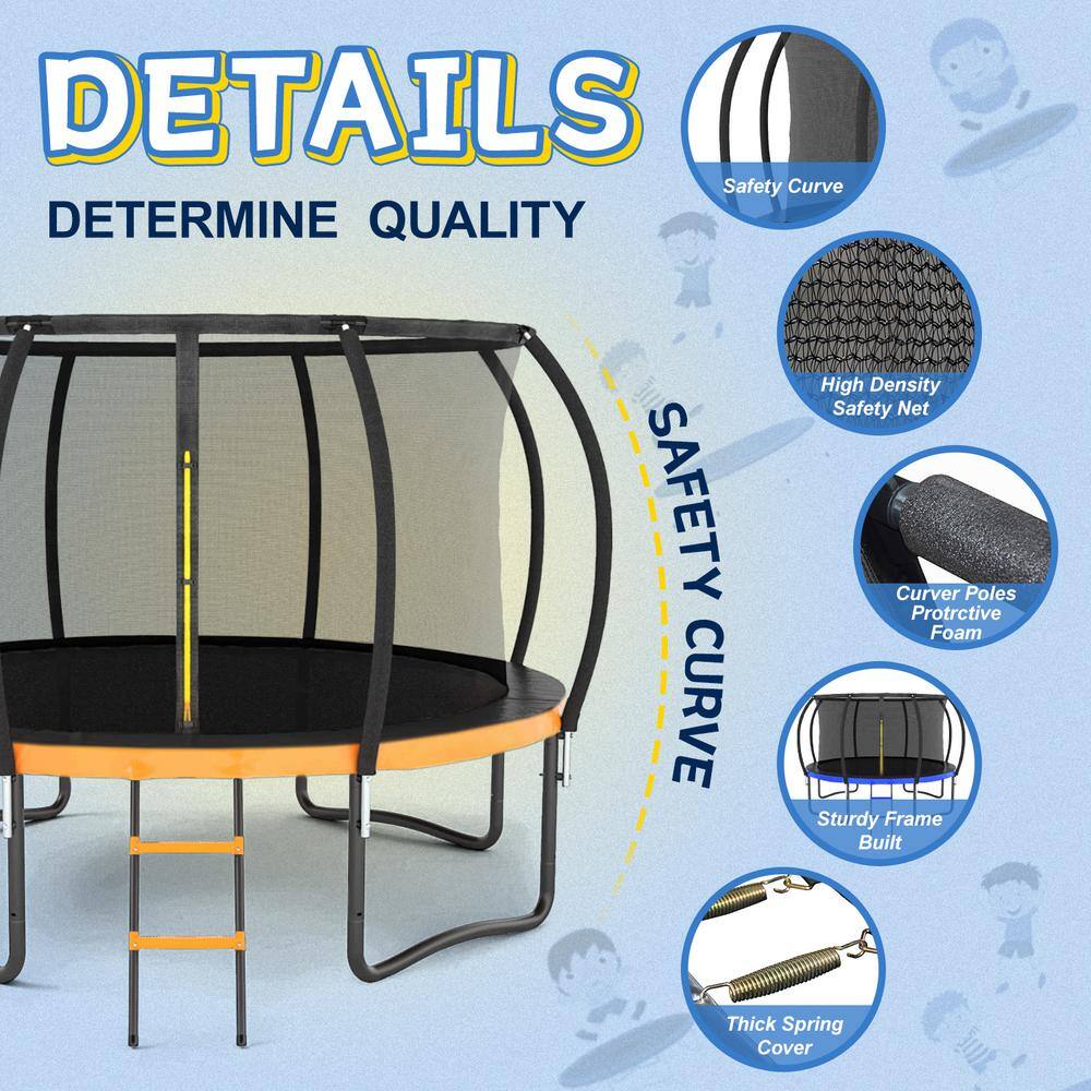 12 FT Black and Orange Outdoor Trampoline with Safety Enclosure and Ladder