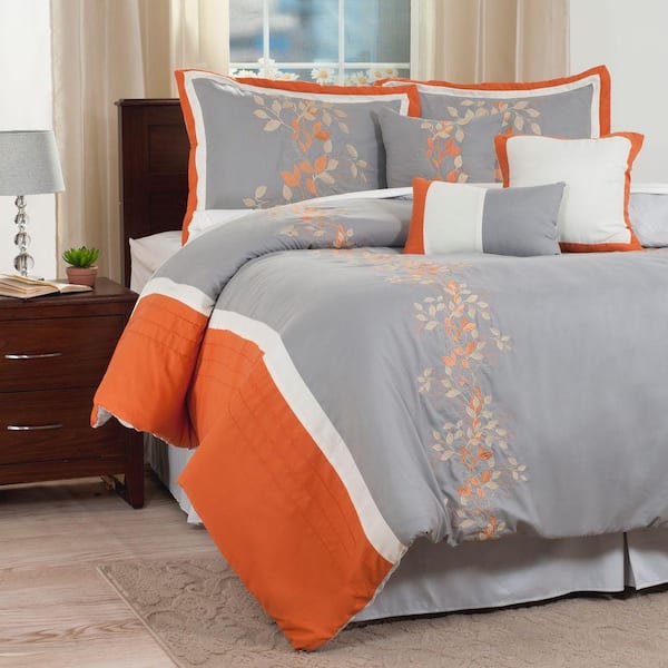Lavish Home Branches 7-Piece Orange Embroidered Queen Comforter Set