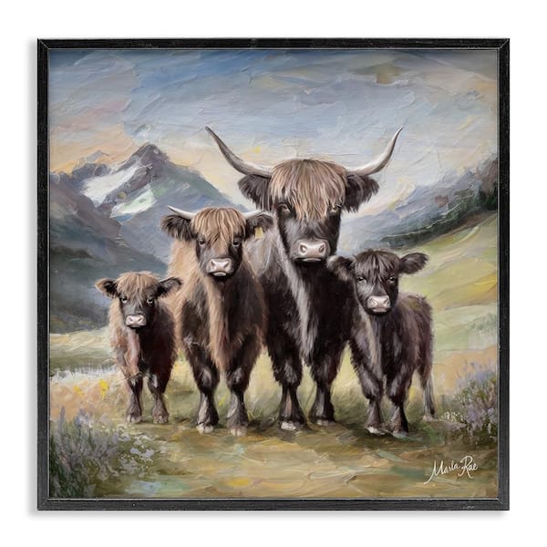 Cattle Family in Highlands by Marla Rae Black Framed Animal Giclee Art Print 12 in. x 12 in.
