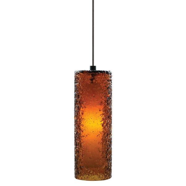 Generation Lighting Mini-Rock Candy Cylinder 1-Light Bronze LED Hanging Mini Pendant with Dark Amber Shade