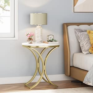 Kerlin 19.69 in. Faux Marble Veneer Gold C-Top Wood End Table Round Coffee Table with Gold Metal Frame
