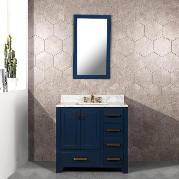 Water Creation Madison 36 in.W x 21.5 in.D x 34 in.H Single Sink Bath Vanity in Monarch Blue with Carrara White Marble Top and Faucet