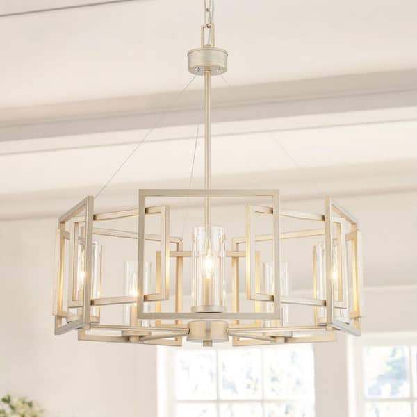 Rennnsan Luzerne 5-Light Industrial Vintage Brushed Gold Drum Large Chandelier with Clear Glass Shade