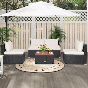 5-Piece PE Rattan Patio Conversation Set with Solid Acacia Wood Tabletop and Soft White Cushions