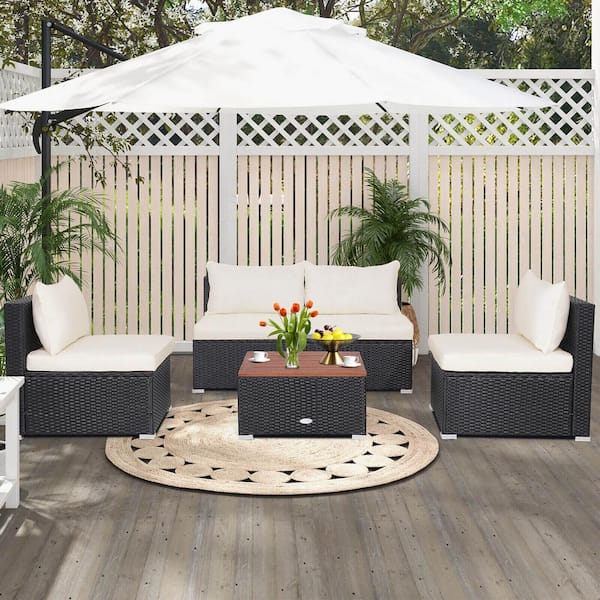 ANGELES HOME 5-Piece PE Rattan Patio Conversation Set with Solid Acacia Wood Tabletop and Soft White Cushions