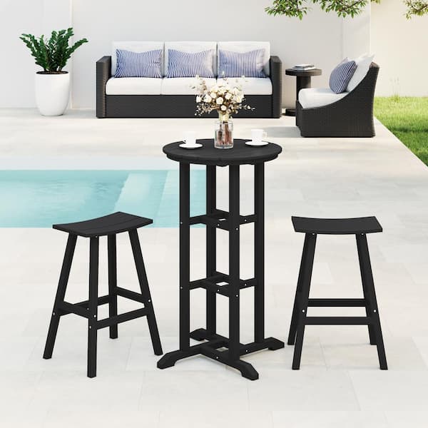 Laguna 3-Piece HDPE Weather Resistant Outdoor Patio Bar Height Bistro Set with Saddle Seat Barstools, Black