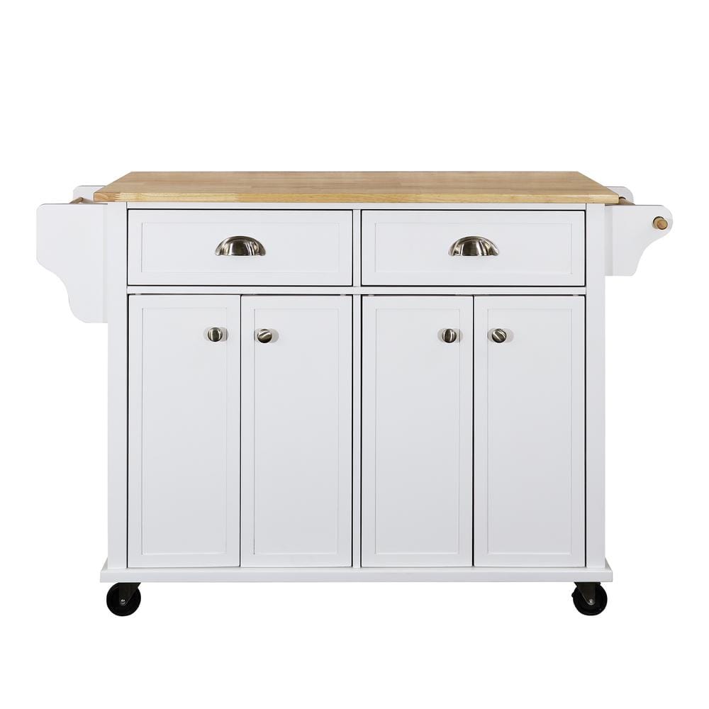 White Natural Wood Kitchen Cart with Drop Leaf and Spice Rack