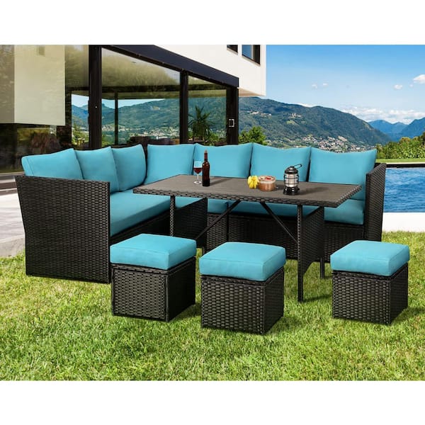 Sudzendf 7-Piece Black Wicker Patio Conversation Set with Blue Cushions and Table