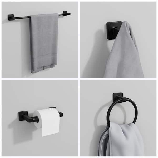 4-Piece Rectangular Bathroom Hardware Set, Bathroom Accessories with 24 in. Towel Rack Bar, Ring, Holder, Hook in Black