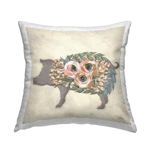 Stupell Industries Charming Farm Pig Green Pink Floral Body Multi-Color Square Outdoor Throw Pillow