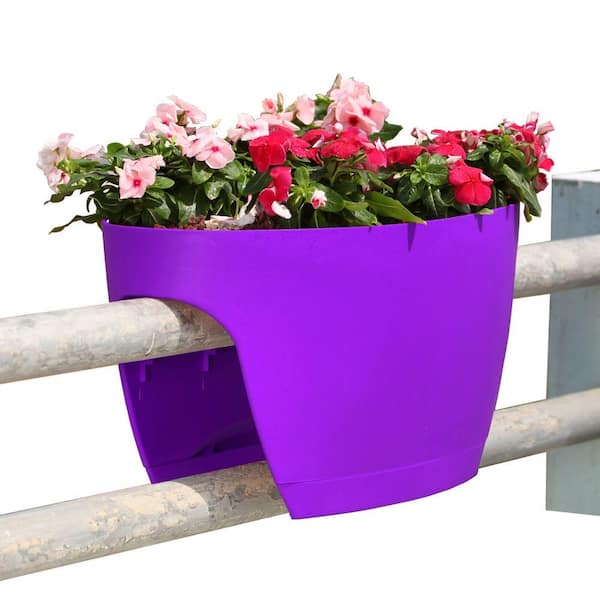Greenbo XL Deck Rail Planter Box with Drainage Trays, 24 in., Color Purple - Set of 2