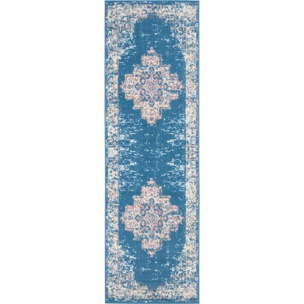 Nourison Grafix Blue 2 ft. x 8 ft. Persian Medallion Transitional Kitchen Runner Area Rug