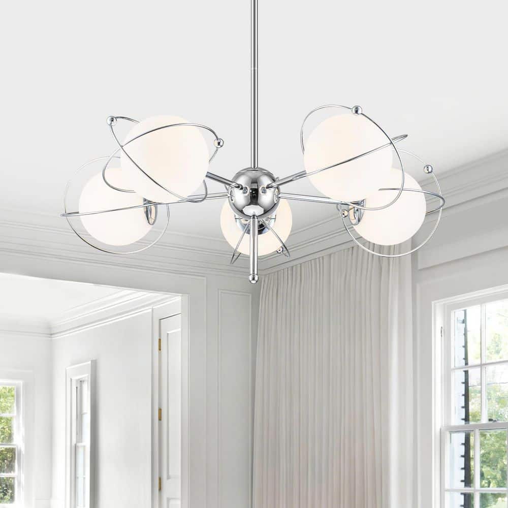 31 in. 5-Light Modern Orbital Chrome Chandelier with Milky White Glass Globes for Living Room Dining Room price history on PriceWatchPro