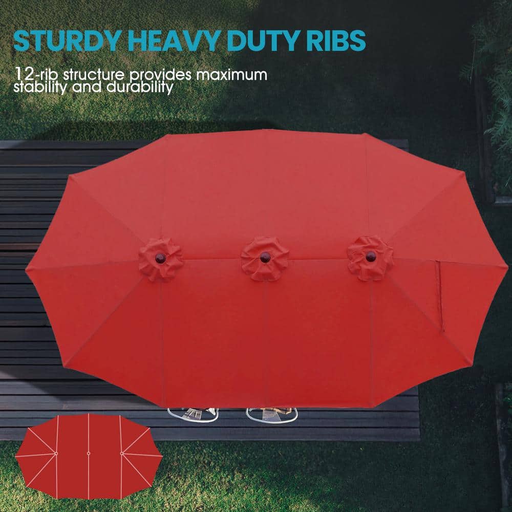 Wine Red 15 ft Double Sided Patio Umbrella with Steel Frame