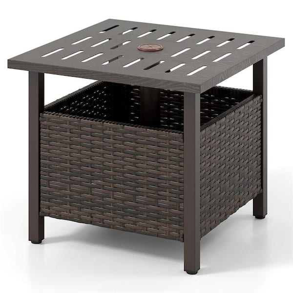 Square Metal Outdoor Side Table with 1.93 in. Umbrella Hole for Poolside
