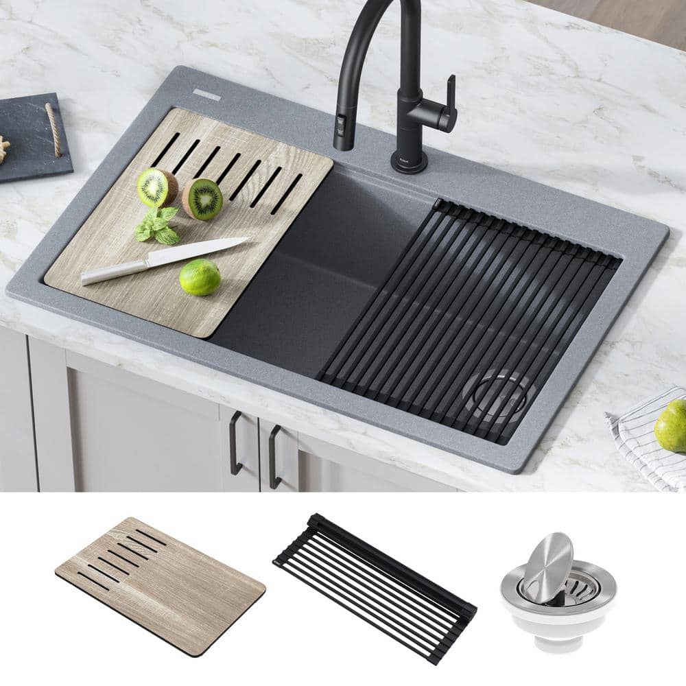 33 in. Metallic Gray Granite Composite Single Bowl Kitchen Sink
