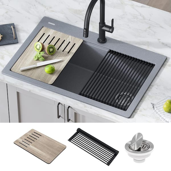 Bellucci Workstation 33 in. Drop-In Granite Composite Single Bowl Kitchen Sink in Metallic Gray with Accessories