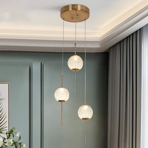 LNC Cenlindes 3-Light Dimmable Integrated LED Plating Brass Cluster Chandelier with Textured Glass and No Bulb Included
