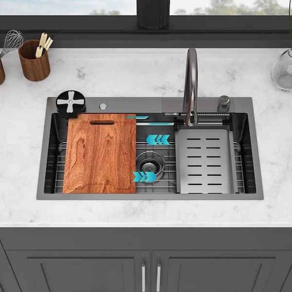 33 in. Drop-In Single Bowl 16 Gauge Gunmetal Black Stainless Steel Kitchen Sink with Workstation