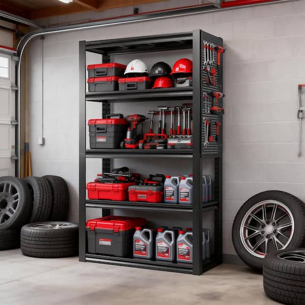 70 in. Heavy Duty Metal Shelving Unit with Pegboard in Black