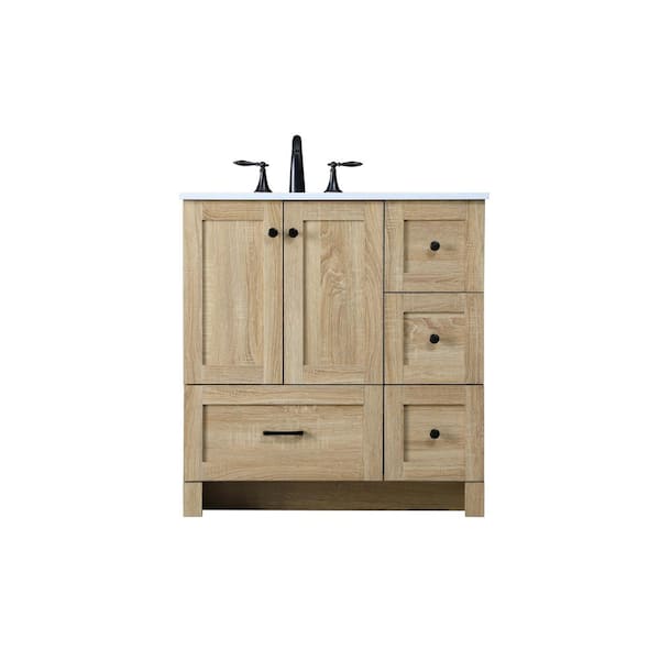32 in W x 19 in. D x 34 in H Single Sink Bath Vanity in Mango Wood with Ivory White Engineered Marble Top