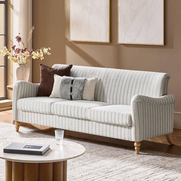 Justo 78 in. Flared Arm Linen Rectangle Sofa in Stripe with Solid Wood Spindle Legs