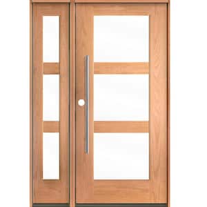Modern Faux Pivot 50 in. x 80 in. 3-Lite Right-Hand/Inswing Clear Glass Teak Stain Fiberglas Prehung Front Door with LSL