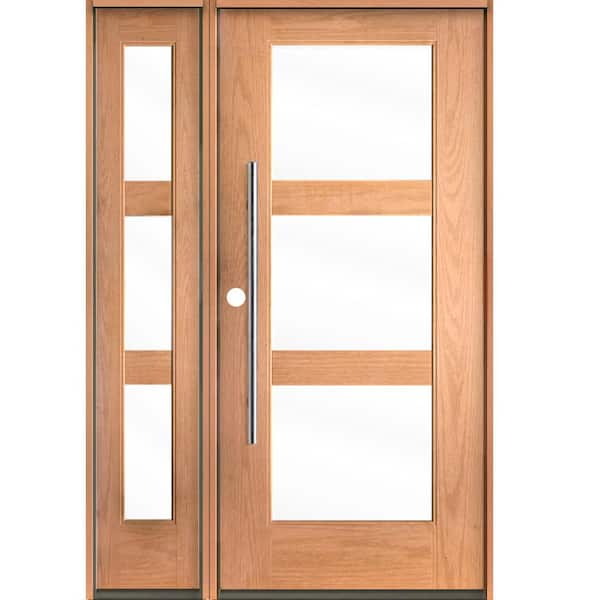 Krosswood Doors Modern Faux Pivot 50 in. x 80 in. 3-Lite Right-Hand/Inswing Clear Glass Teak Stain Fiberglas Prehung Front Door with LSL
