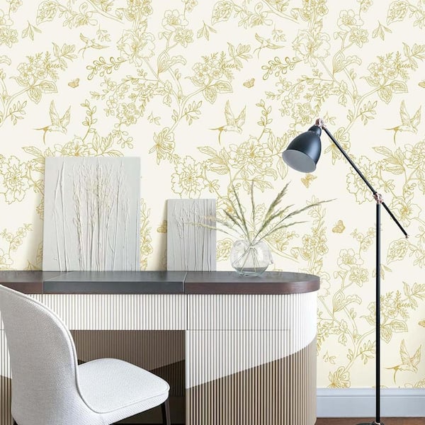 White and Gold Floral Contact Paper Peel and Stick Wallpaper Roll (Set of 2)