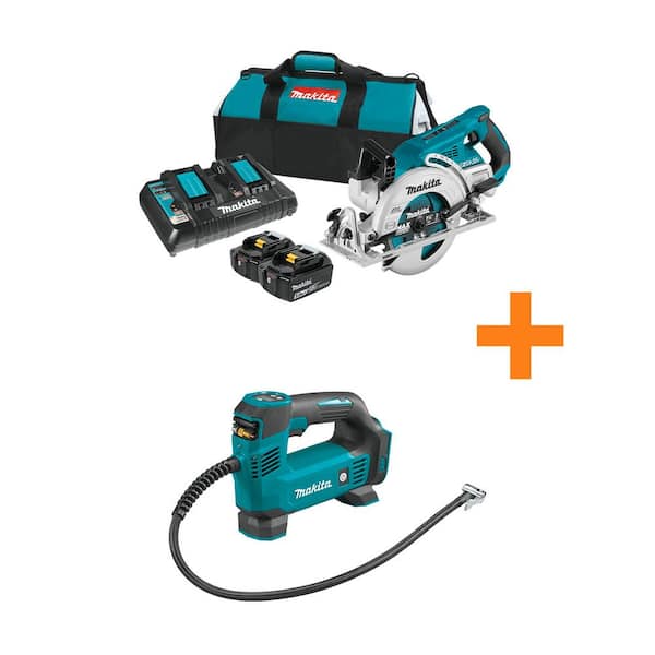 Makita 18V X2 LXT 5.0Ah (36V) Brushless Rear Handle 7-1/4 in. Circular Saw Kit with bonus 18V LXT Inflator