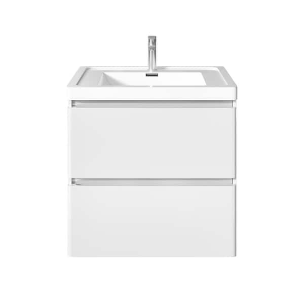 Glazzy 24 in. W x 16 in. D x 25 in. H Floating Bathroom Vanity in White with White Acrylic Top with White Sink