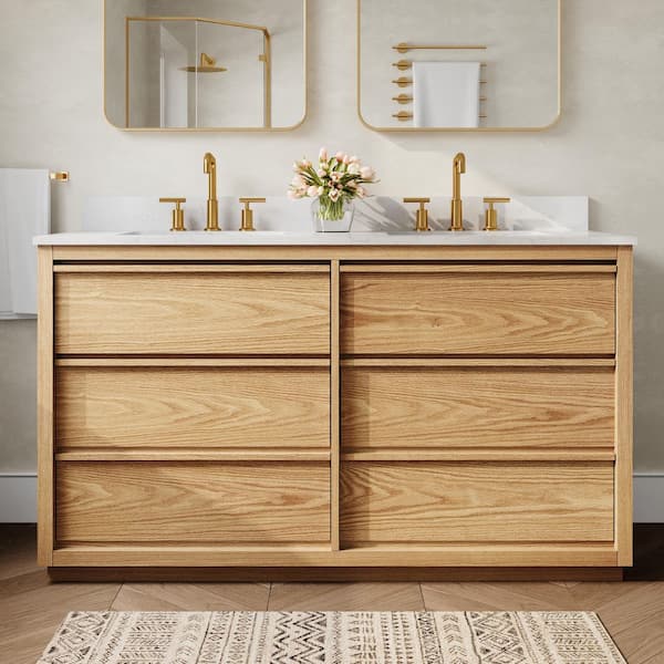 60 in. Double Sink Solid Wood Oak Bath Vanity with White Quartz Top Assembled