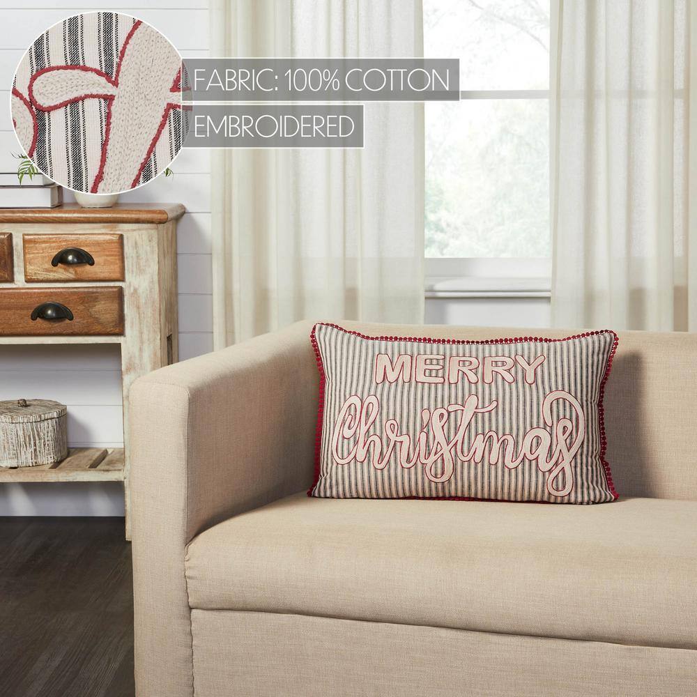 Merry Christmas Charcoal and Red Cotton Embroidered Throw Pillow