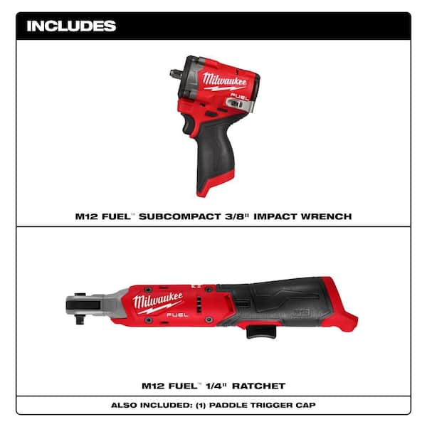 M12 FUEL 12V Lithium-Ion Brushless Cordless Stubby 3/8 in. Impact Wrench and M12 Lithium-Ion 3/8 in. Cordless Ratchet