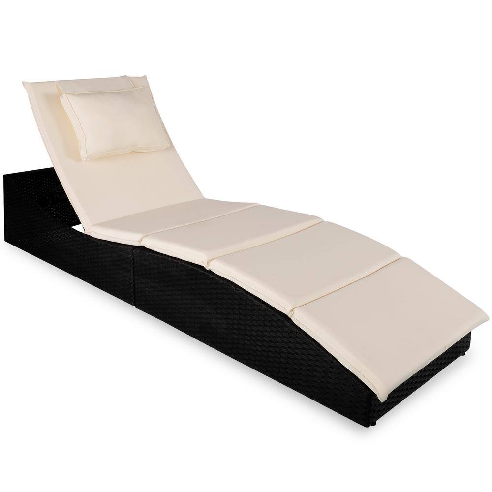Wicker Outdoor Foldable Chaise Lounge with Cream Cushions