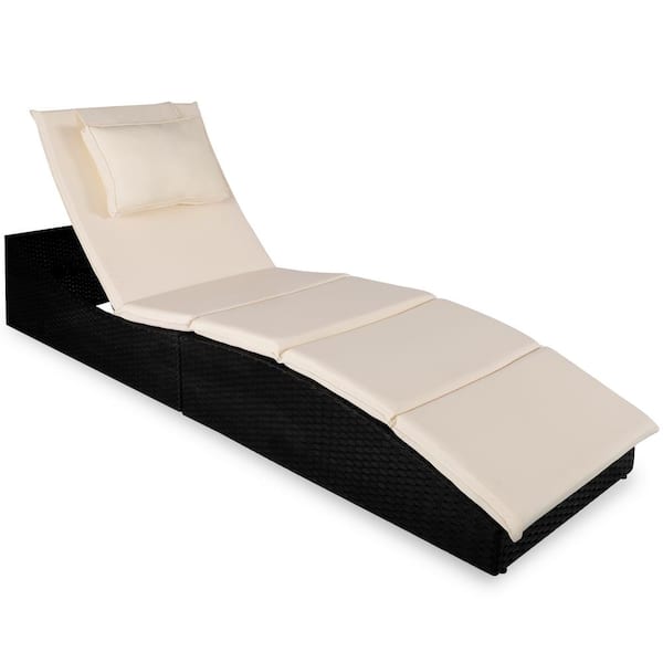 Unbranded Wicker Outdoor Foldable Chaise Lounge with Cream Cushions