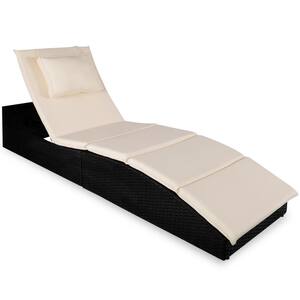 Black Steel Wicker Outdoor Reclining Chaise Lounge with Cream Cushions