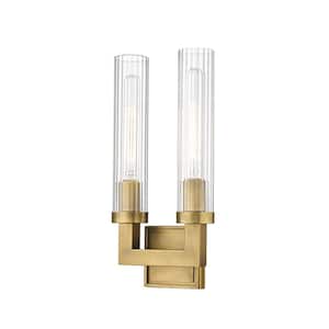 Beau 8.25 in. 2-Light Rubbed Brass Wall Sconce with Clear Glass Shade