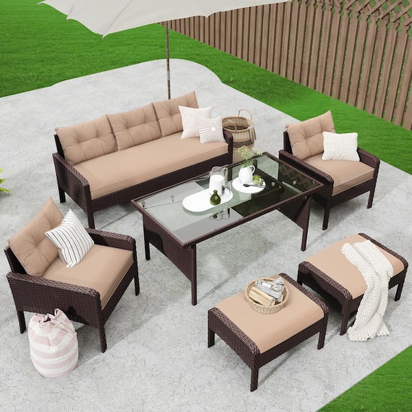 Wateday Outdoor 6-Piece Wicker Patio Conversation Set with Brown Cushions
