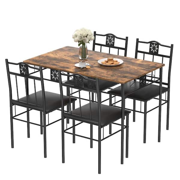 VECELO 5-Piece Dining Table Set Wooden Kitchen Table 1 Table 4 Chairs Metal Legs, Rectangular Dining Table Sets，42.1"L, Brown