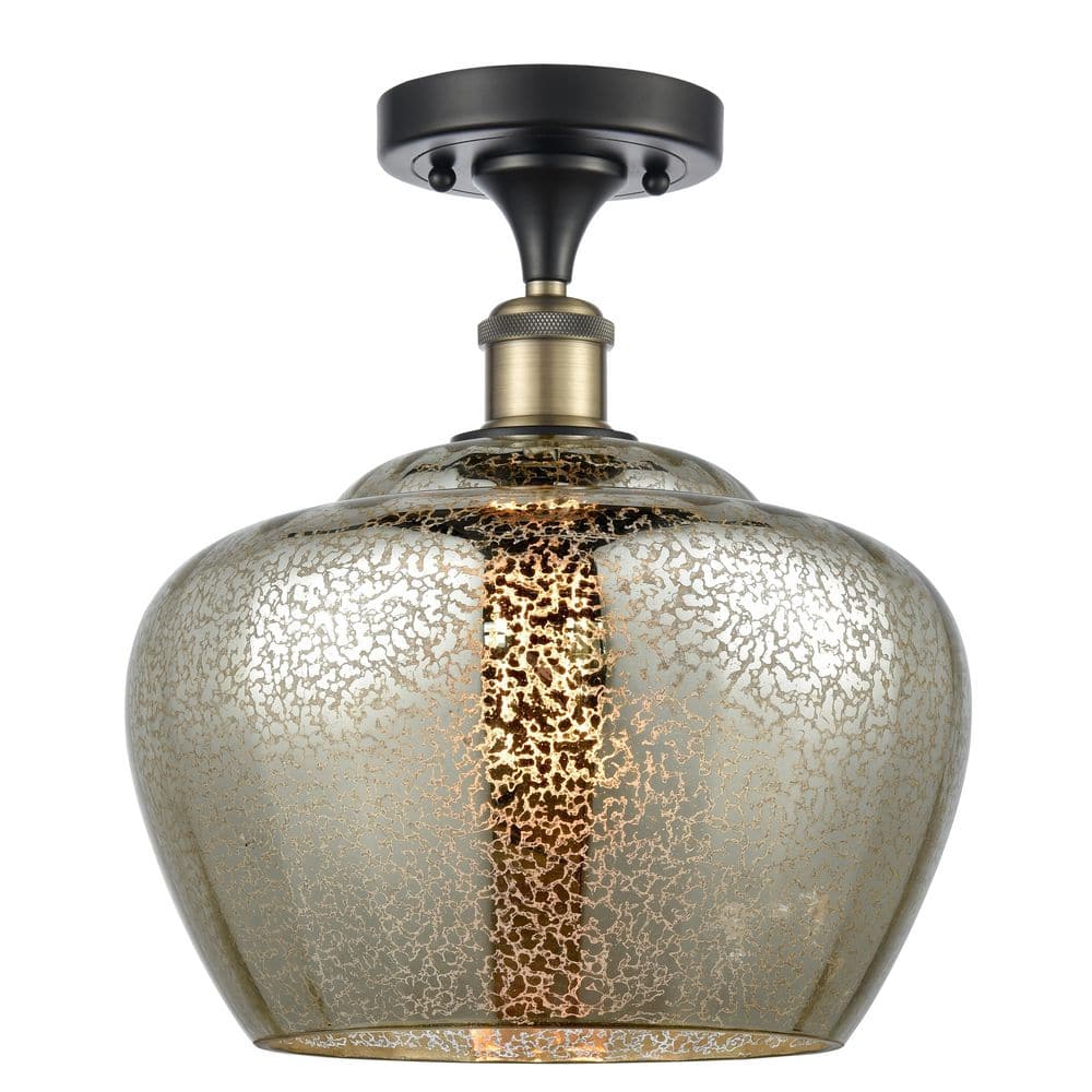 Fenton 11 in. 1-Light Black Antique Brass Industrial Semi-Flush Mount with Decorative Glass Shade price history on PriceWatchPro