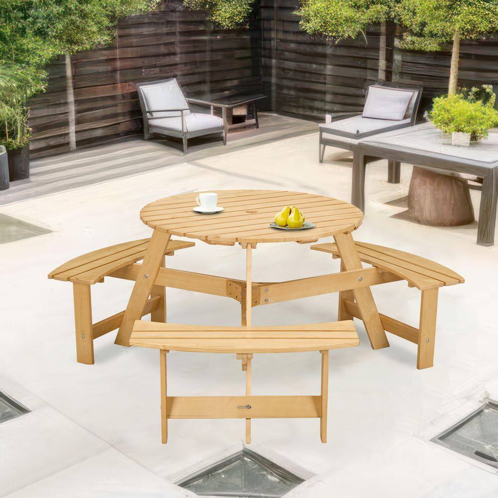 63 in. Light Brown Round Wood Picnic Tables, Outdoor 6 Person Picnic Table-with 3 Built-in Benches & Umbrella Hole price history on PriceWatchPro