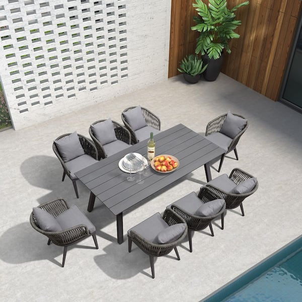 9-Piece All-Weather Wicker Outdoor Dining Set with Table All Aluminum Frame and Grey Cushions for Garden Backyard Deck