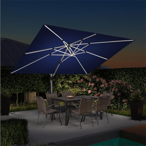 PURPLE LEAF 9 ft. x 12 ft. Aluminum Solar Powered LED Patio Cantilever Offset Umbrella with Wheels Base, Navy Blue