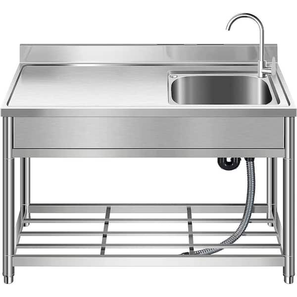 20 in. D x 47 in. W Freestanding Utility Sink in Stainless Steel with Workbench, Hot/Cold Water Faucet and Shelve