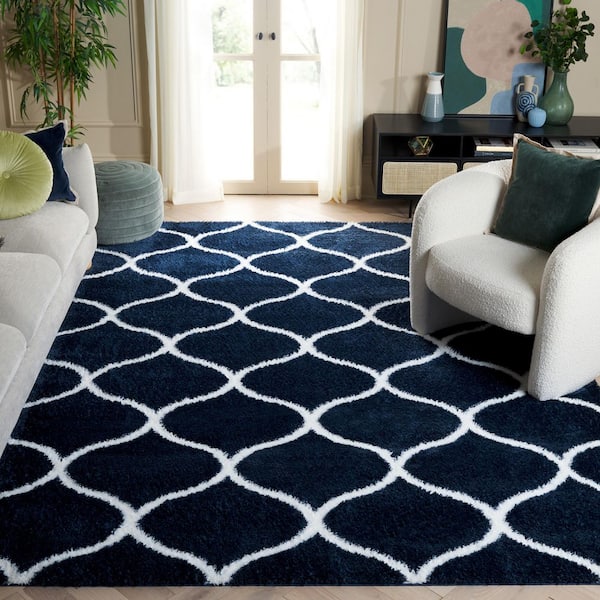 Tahoe Shag 7 ft. x 7 ft. Navy/White Trellis Modern Square Area Rug