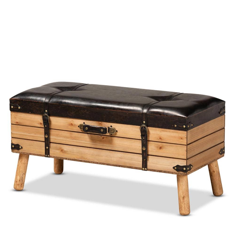 Amena Rustic Dark Brown PU Leather & Oak Large Storage Ottoman