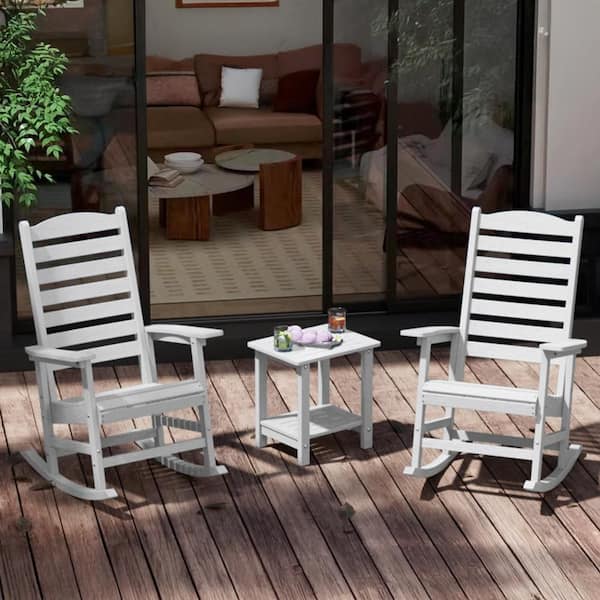 White All Weather Resistant HIPS Plastic Patio Outdoor Rocking Chair for Lawn, Porch, Indoor and Garden (Set of 2)