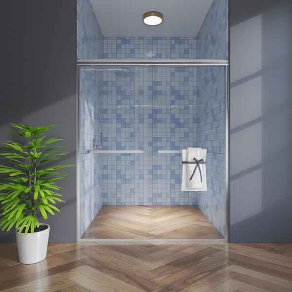 56 in.-60 in. W x 72 in. H Sliding Framed Shower Door in Brushed Nickel with Clear Glass